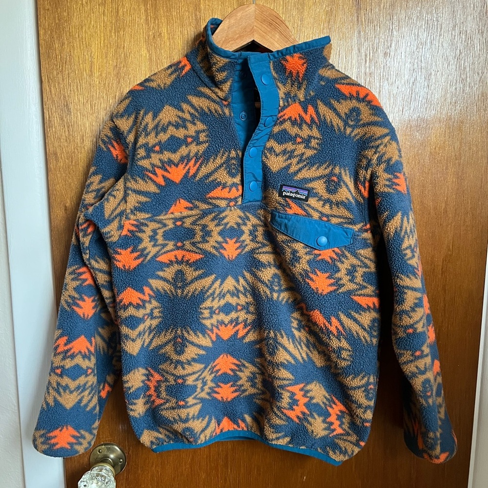 Patagonia orange and teal patterned Synchilla Snap-T Pullover Fleece